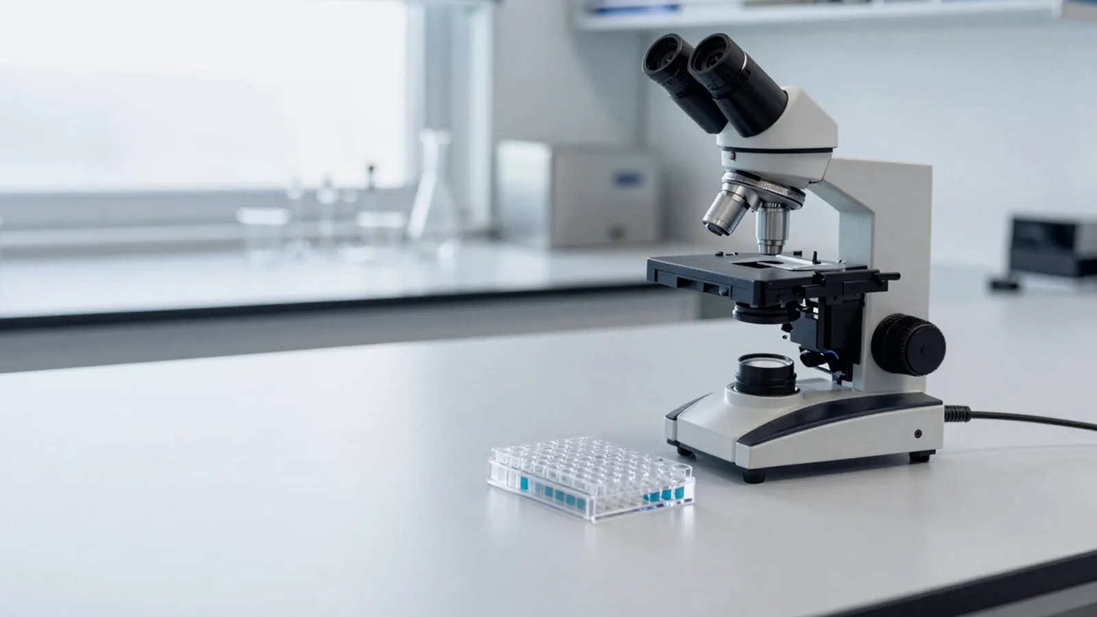 Mikroszkóp és mikrolemez laboratóriumi munkapulton, természetes fényben