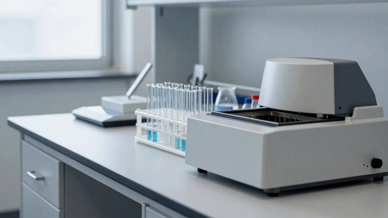 Laboratóriumi eszközök rendezett sorban, hűvös fényben