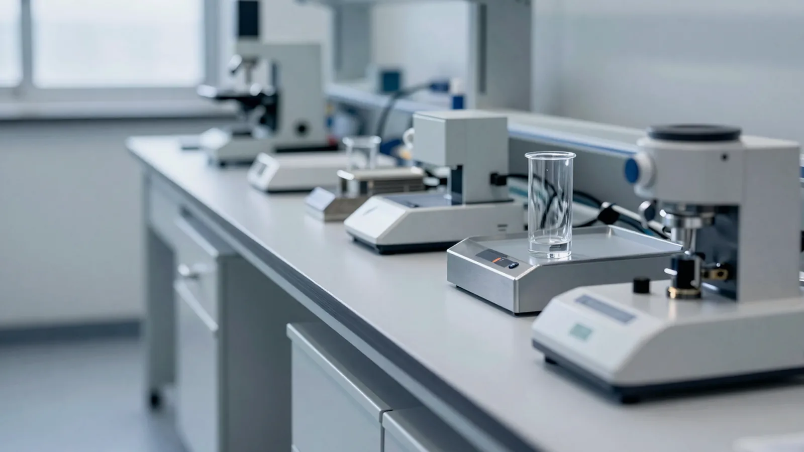 Laboratóriumi eszközök rendezett sorban, hűvös fényben